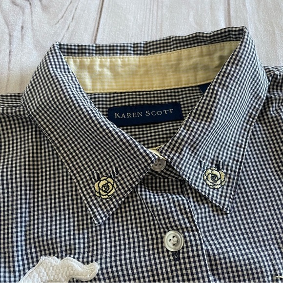 Karen Scott Button Up Short Sleeve Shirt Womens M Checker Lighthouse Sea Cottage - Picture 4 of 8